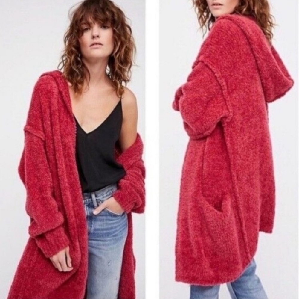 FINAL$375 FREE PEOPLE Cozy Hooded Crocheted  long sweater Relaxed Lg READ Final$